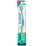 Preserve Toothbrush Ultra Soft. The handle is made from 100% recycled plastic. Bristles are new nylon. Easy to grip curved handle to allow brushing at all angles. Tiered bristles for gentle thorough cleaning. Colours vary.